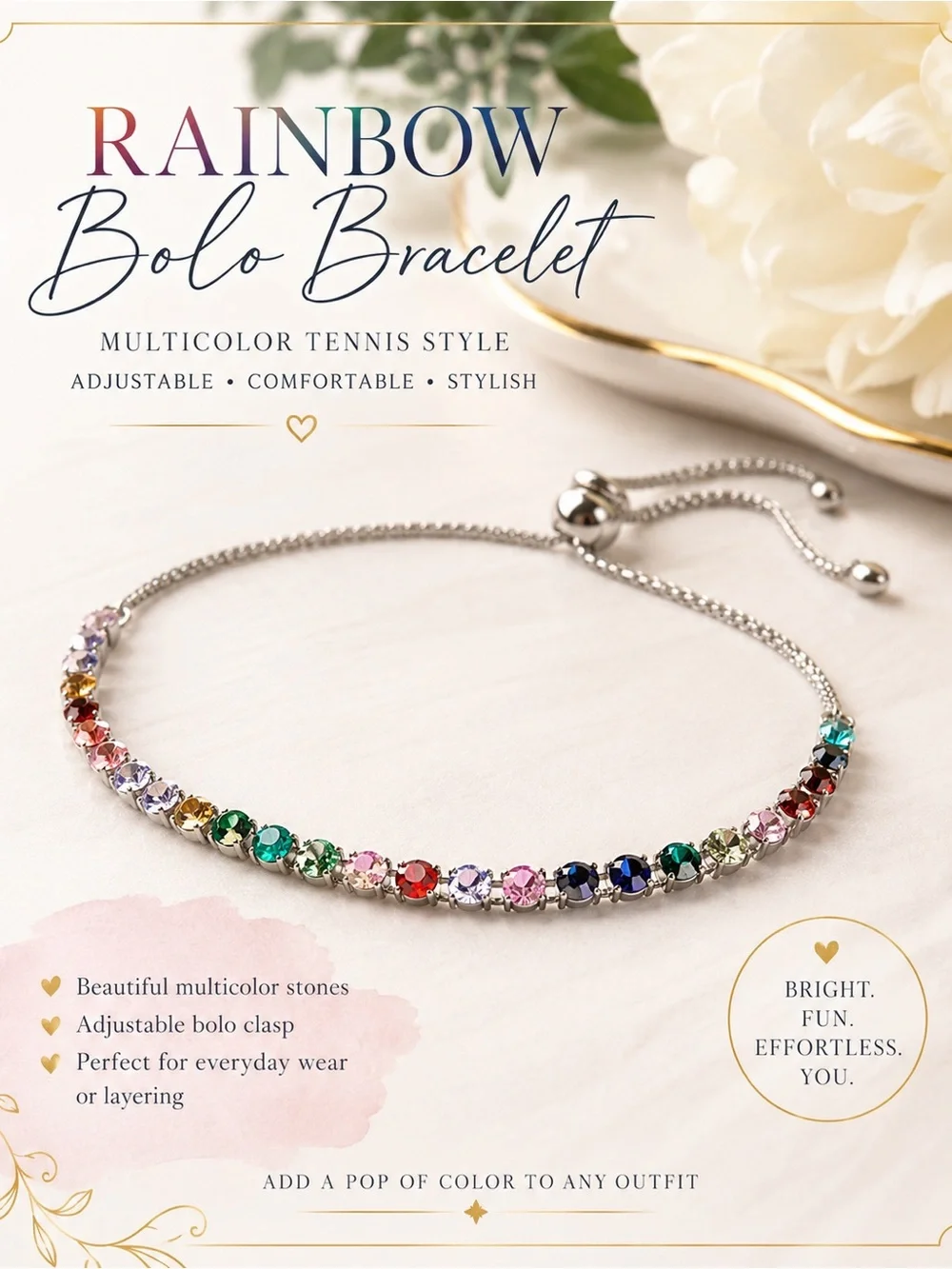 Rainbow Multicolor Bolo Bracelet – Adjustable Tennis Style
